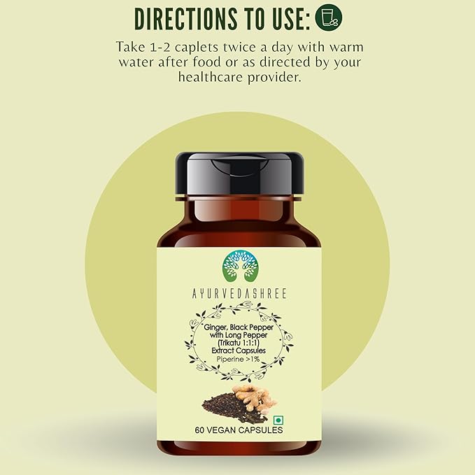 Trikatu Extract 500mg - 60 Vegetarian Capsules | Ginger with Black Pepper & Long Pepper Extract | | All Natural | 100% Vegan | Gluten-Free.
