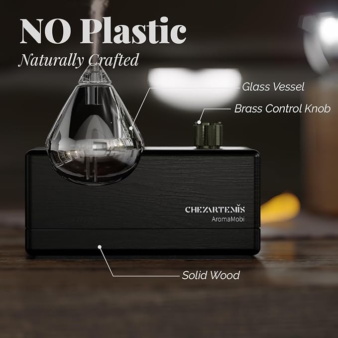 Black Obsidian Waterless Essential Oil Diffuser with Real Wood Base for Aromatherapy, Modern Smoky Glass Oil Diffuser, Cordless Portable Scent Diffuser Machine for Office Men Large Room, 2026 Model
