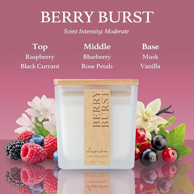 Scented Candle, 7.04 oz Berry Burst Aromatherapy Candle, Natural Soy Wax with Wooden Wick, 45 Hours Burn Time, Stress Relief Meditation Amber Jar Candle Gifts