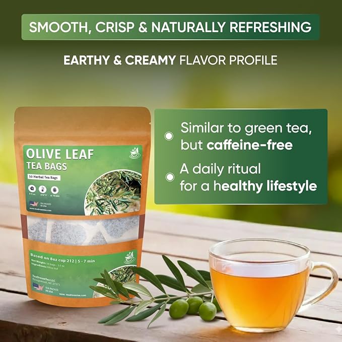 Olive Leaf Tea Bags – 50 Bags (Premium Dried Olive Leaf Tea - 50 Count), Natural Extract Caffeine-Free Herbal Tea for Health & Immune Support