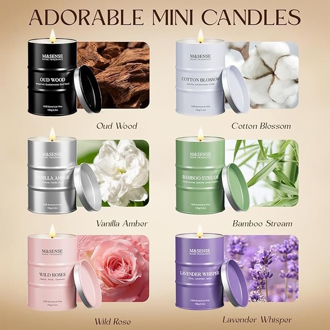 Fall Candle Gift Set | Mini Scented Candles Set | 6 Pack Candles for Home Scented,Oud Wood,Cotton Blossom,Vanilla Amber,Bamboo Rose Lavender Candle,Gift Set for Women and Men,Soy Wax 21 oz 105 Hour