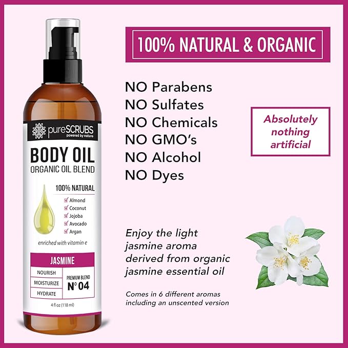 pureSCRUBS Ultra Moisturizing Jasmine Body Oil Spray for Dry Skin, Massage, Cuticles & More - Organic Super Blend of Jojoba, Argan, Coconut, Sweet Almond & Avocado Enriched with Vitamin E, Lg 4oz