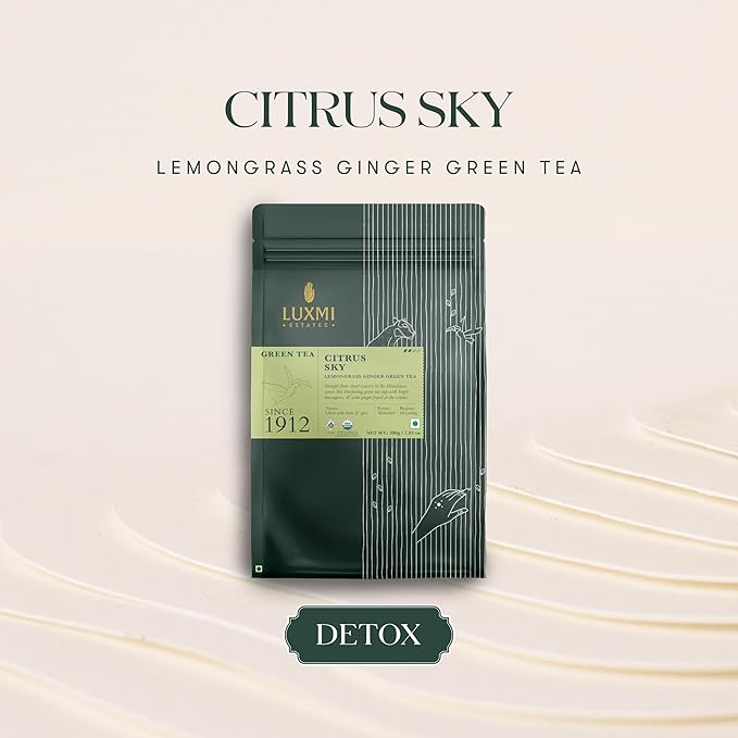 Luxmi Estates Citrus Sky Lemongrass Ginger Green Tea 200g Loose Leaf Pack | Certified Organic Darjeeling Green Tea | Citrus Flavor & Aroma | Natural Lemon Balm Tea - Calming, Supports Digestion | Lemon Grass Leaves | 100 Cups