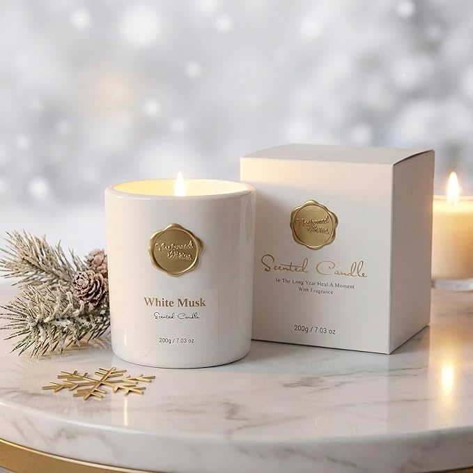 Scented Luxury Candles -Whitemusk-Aromatherapy Jar Candles for Relaxation & Sleep -7 oz- 45 Hours Clean Burn-Hand-Cast -100% Natural Soy Wax-Valentine’s Day Gift