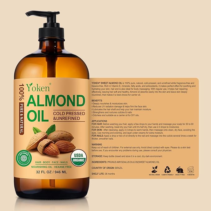 Organic Almond Oil 32 fl oz 100% USDA Pure Cold Pressed Glass Bottle Almond Oils for Skin, Hair, Face, Body Moisturizer, Smooth and Soft Skin, Base Carrier Oil for DIY, Massage