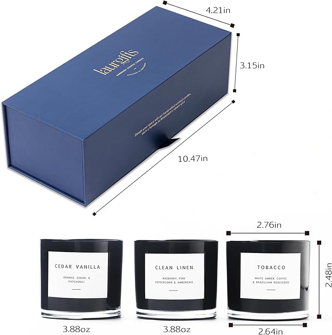 Scented Candles for Men – Masculine Candle Gift Set of 3 with Tobacco, Cedar Vanilla & Clean Linen – Luxury Navy Candles Gift Box, Birthday Gifts for Men, Candles for Boyfriend, Christmas Gifts