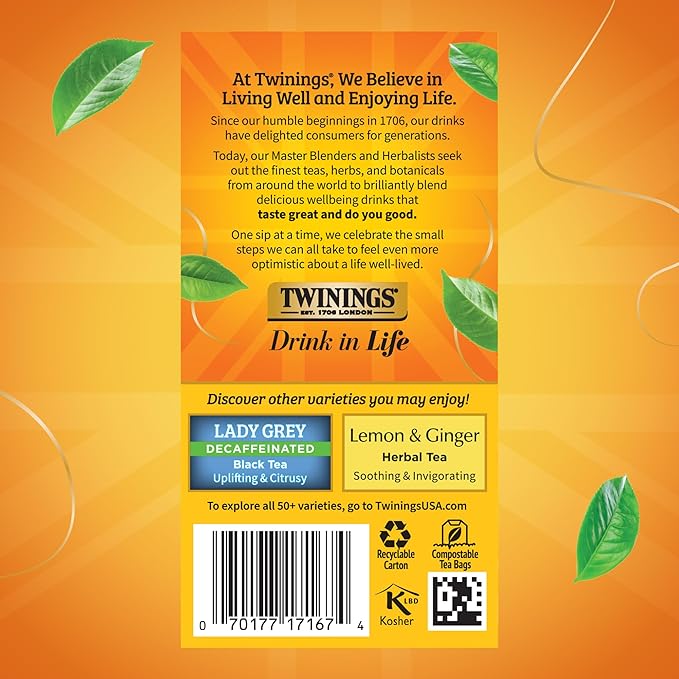 Twinings Decaffeinated Earl Grey Black Tea Individually Wrapped Bags, 20 Count (Pack of 1), Flavoured with Citrus and Bergamot, Enjoy Hot or Iced, 20 Teabags