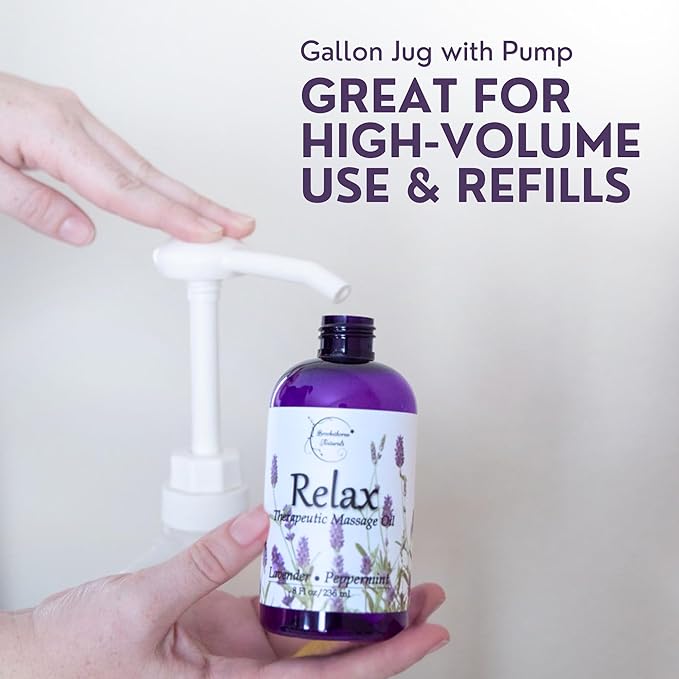 Relax Massage Oil for Massage Therapy | Professional Quality Oil with Lavender, Peppermint & Marjoram | All Natural, Non-Greasy, Smooth Glide | Large 1 Gallon Size with Pump by Brookethorne Naturals