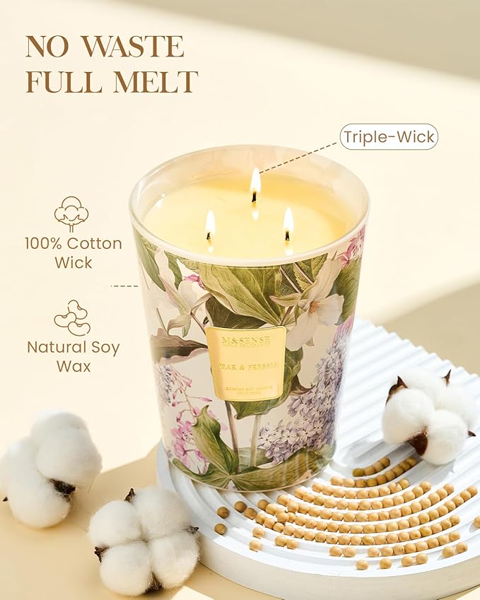M&SENSE 3 Wick Soy Candles for Home Scented, Pear & Fressia Scented Aromatherapy Candle for Stress Relief, 35oz 150 Hour Burn Time, Long Lasting Highly Scented Candle Gift