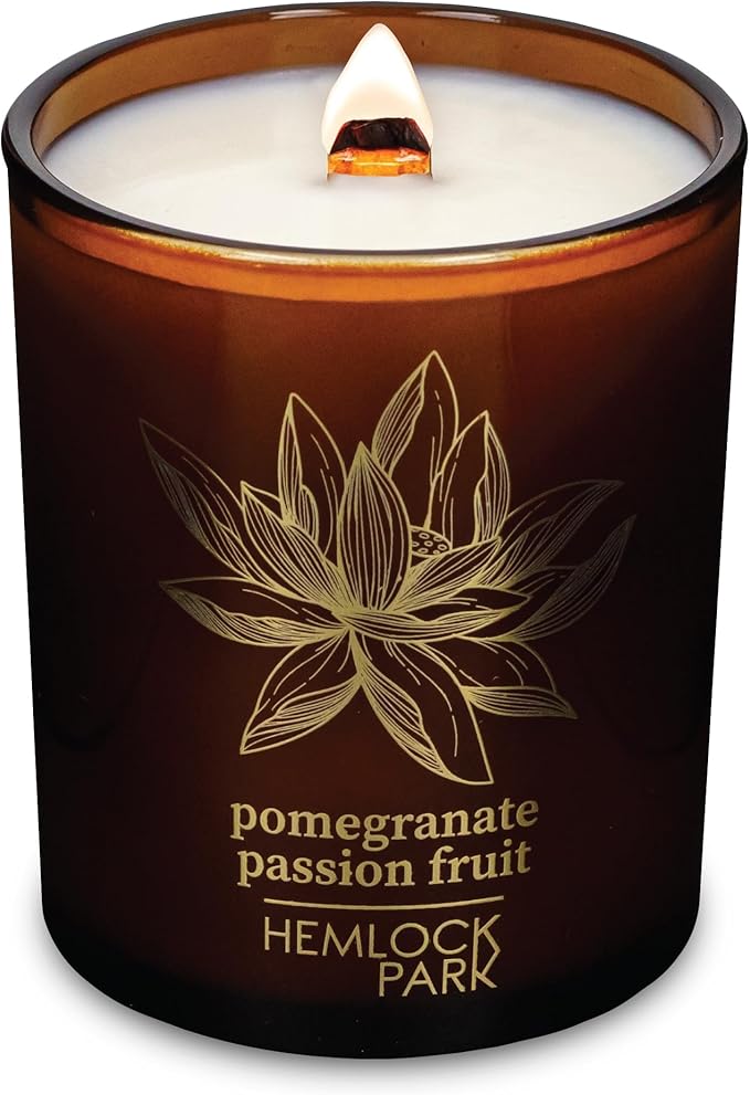 Hemlock Park Amber & Gold Wood Wick Candle Handcrafted with Natural Coconut Wax (Standard 7.2 oz, Pomegranate Passion Fruit)
