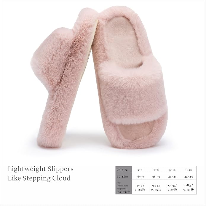 Chantomoo Women's Blue Memory Foam Faux Fur Lined Open Toe Slippers for Women - US 12