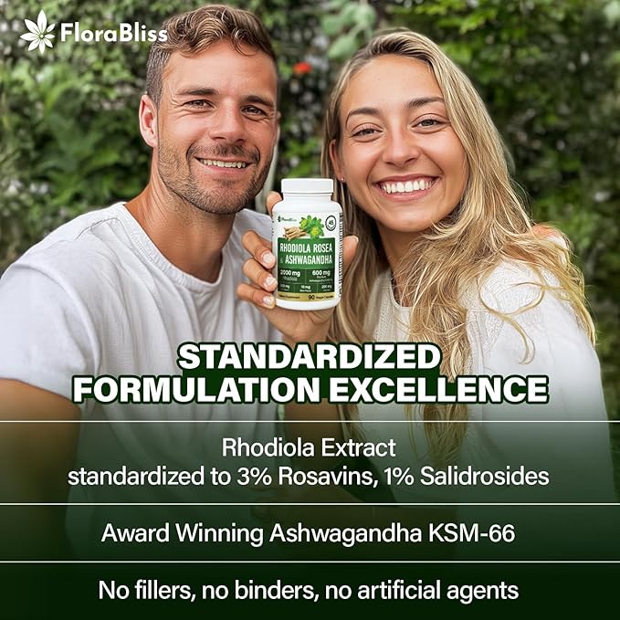 FloraBliss Rhodiola Rosea 2000mg with Ashwagandha KSM-66, L-Theanine, Holy Basil & BioPerine - 120 High Potency Vegan Capsules - Herbal Adaptogen for Energy & Wellness - No Artificial Additives