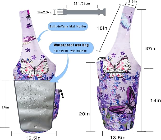 Yoga Mat Bag - Large Opening Long Tote Yoga Mat Carrier Holder Bag with Waterproof Wet Zipper Pocket and Drawstring Water Bottle Pocket - Yoga Bag Fit Most Size Mats
