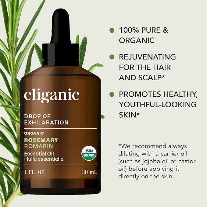 Cliganic Organic Rosemary Essential Oil for Hair, Skin, Aromatherapy - 100% Pure Natural Undiluted | Non-GMO Verified