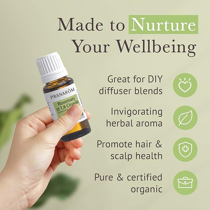 Pranarom USDA Certified Organic Rosemary Cineole Essential Oil (15ml), 100% Pure Undiluted Therapeutic Grade from Tunisia for Aromatherapy, Diffuser, Meditation, Massage, Relaxation