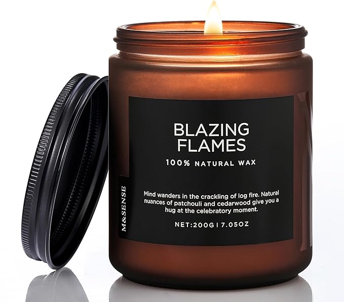M&SENSE Blazing Flames Scent with Log Fire, Natural Soy Wax Slow Burning Candle for Home Decor, Cedarwood &Cade Scented 7.05oz 50 Hours Burn Cotton Wick Gifts for Celebration Holiday
