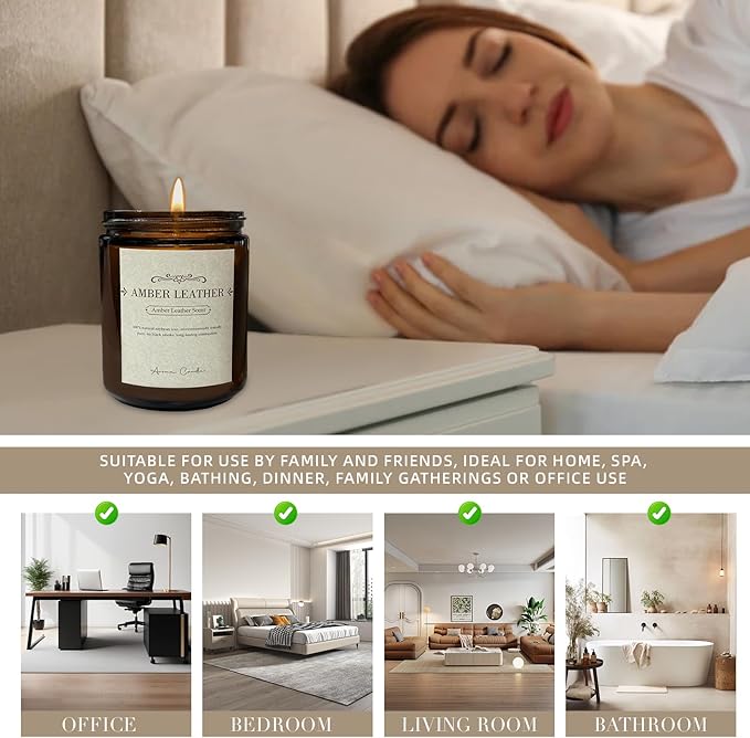 Leather Amber Candle-100% Natural Soy Wax - Natural Fragrance Technology - Non Toxic-Up to 50 Hours Burning Time - Aromatherapy Gift for Men and Women