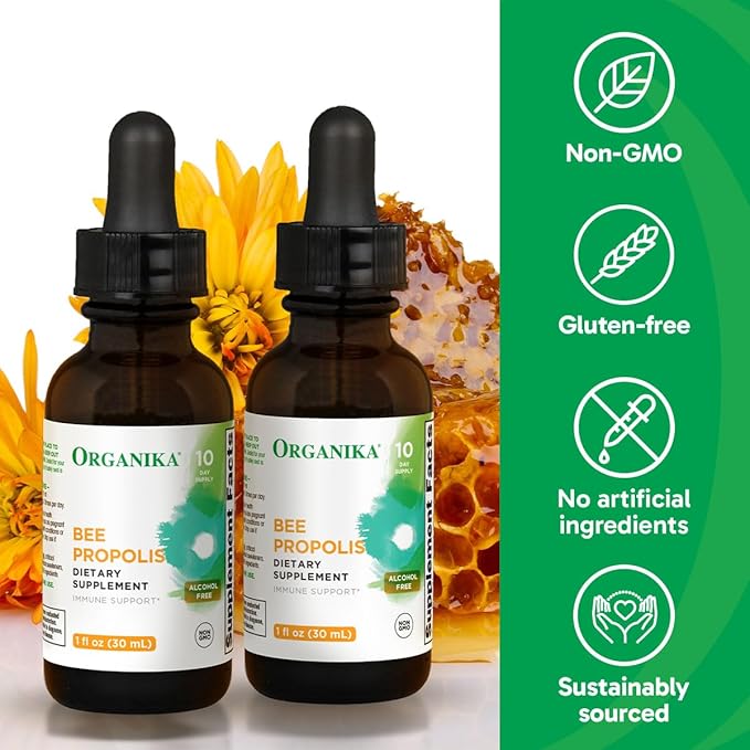 Organika Bee Propolis Tincture 1 oz x 2 Pack: Clean and Vegan Propolis Extract for Immune Defenses, Throat, and Breath - Free of Gluten, GMO, & Artificial Flavors - 20 Day Prop Drops Supply