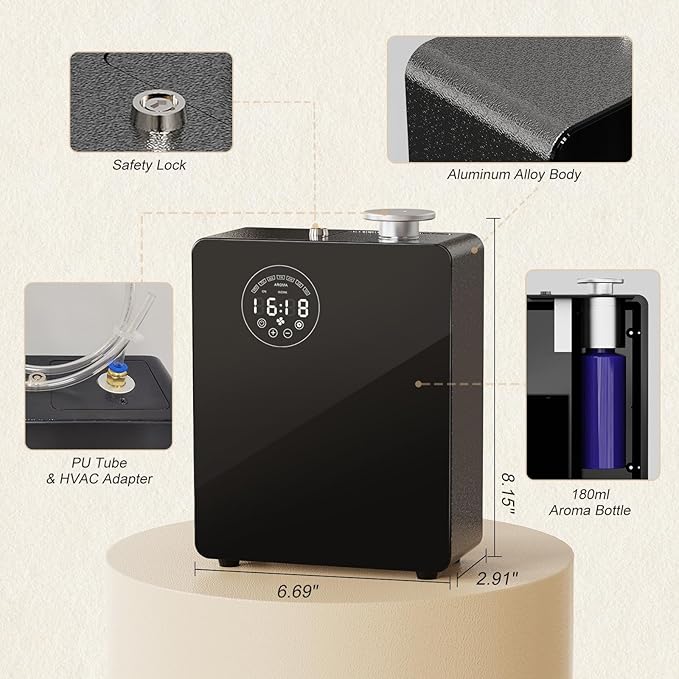 HVAC Waterless Diffuser - Smart Scent Air Machine for Home & Commercial Use, Covers 3000 sq. ft., HVAC or Portable Large Room Waterless Diffusers, Touch & Bluetooth Control, Metal, Black