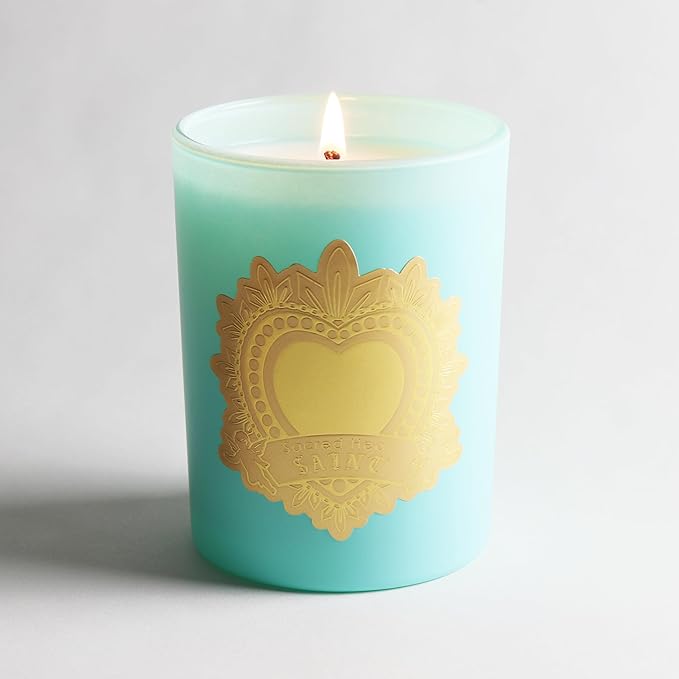 SAINT Ex-Voto Sacred Heart Devotional Scented Candle with Prayer Coin, Amber Fleur Soy Coconut Aromatherapy Candle with 80 Hour Burn Time, Collector Series Edition III (Blue)