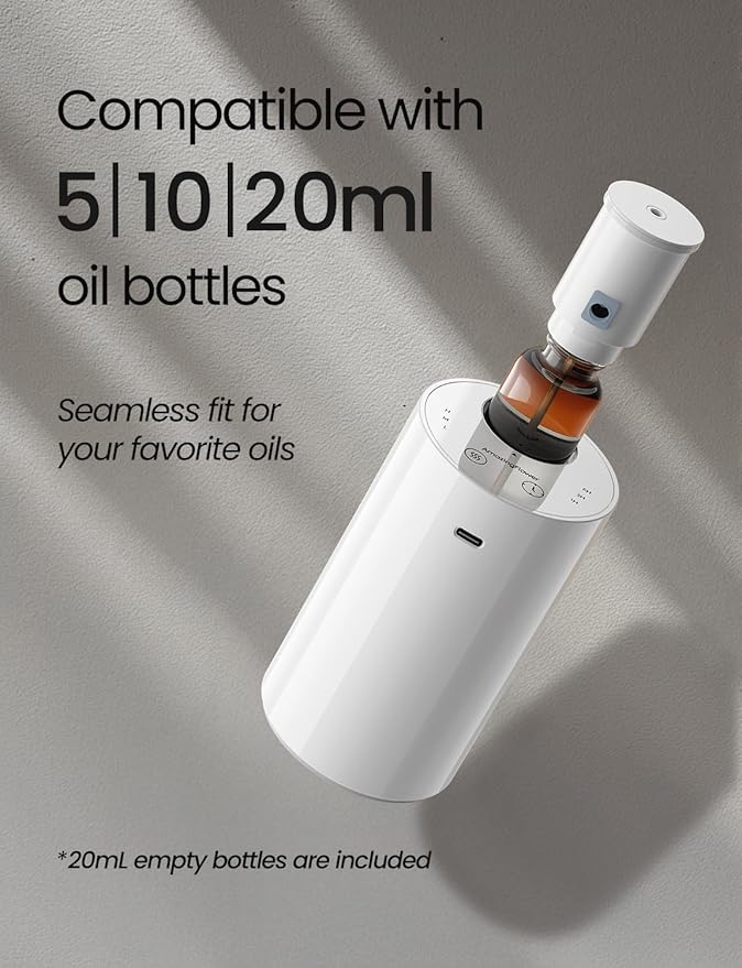 Waterless Essential Oil Diffuser, Portable Aromatherapy Diffuser with 20mL Capacity, Battery Operated Mini Scent Diffuser,3 Mist Levels & Timers, Leak-Free, for Home, Car, Office (White)