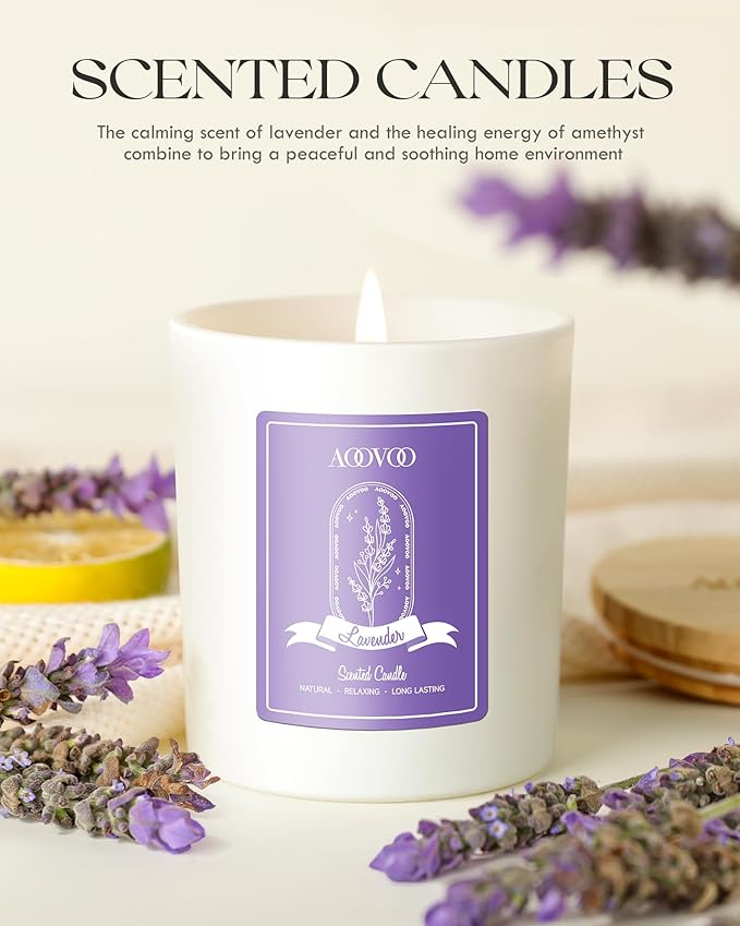 AOOVOO Lavender Scented Candles for Women - Aromatherapy Candle with Crystals Inside, 10oz Soy Candles for Home Scented, Birthday Gifts Christmas Candle for Women Mom
