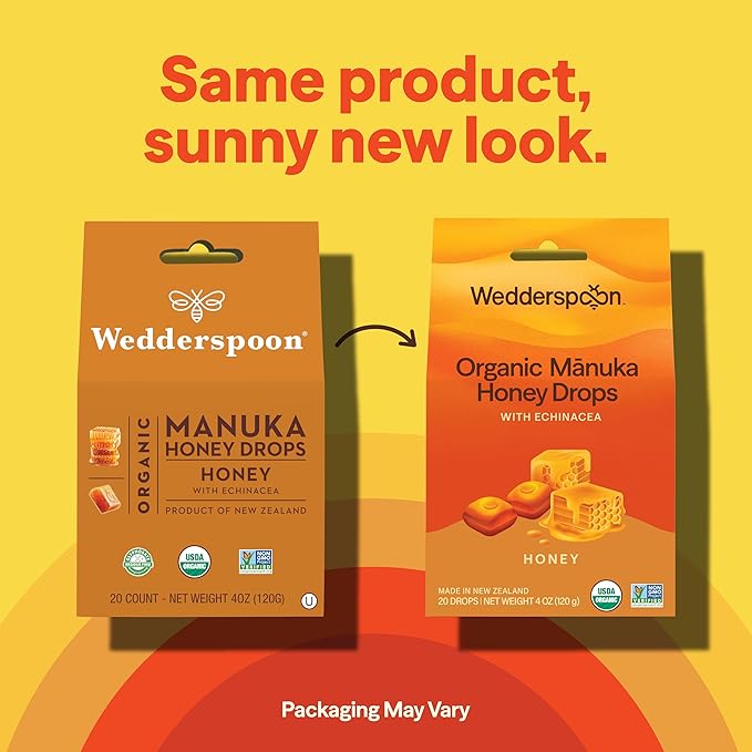 Wedderspoon Organic Manuka Honey Drops, Honey & Echinacea, 20 Count (Pack of 1) | Genuine New Zealand Honey | Perfect Remedy For Dry Throats