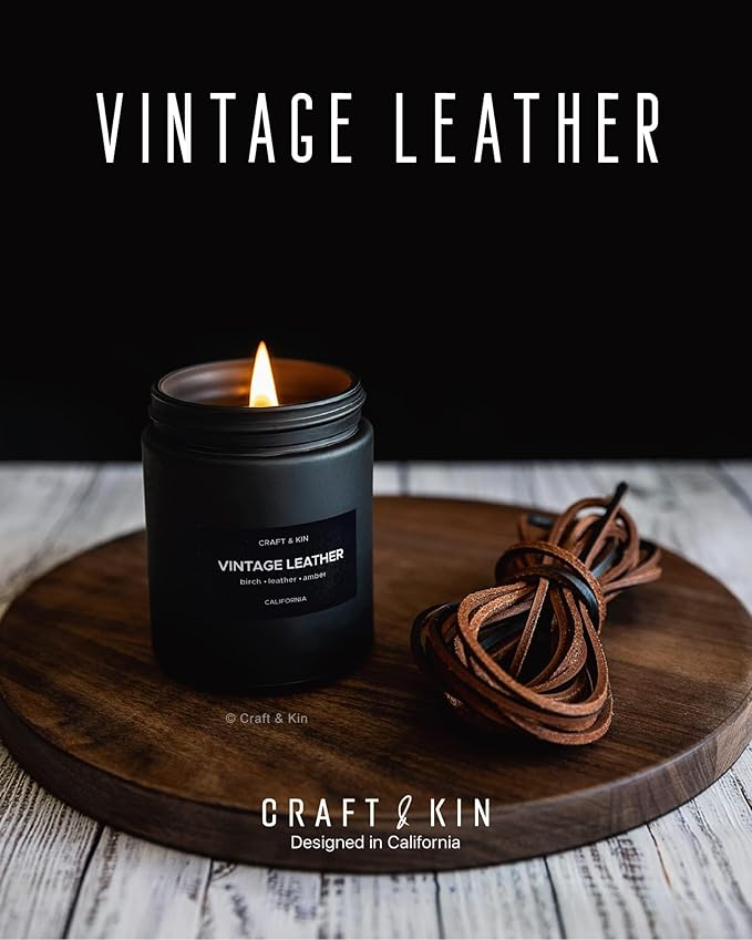 Craft & Kin Premium Vintage Leather Candle | Black Christmas Scented Candles for Men | Long Lasting with 45 Hour Burn Time, 7.6oz | Soy Holiday Candles | Aromatherapy at Home | Gifts for Men