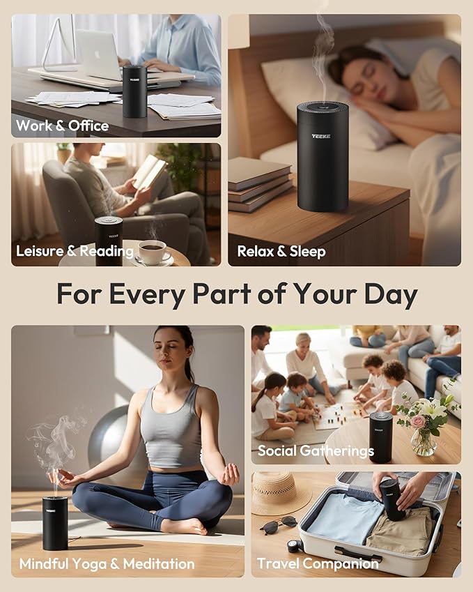 Waterless Essential Oil Diffuser – Portable Aromatherapy Diffuser with 20mL Capacity, 3 Timer & Mist Modes, Battery Operated Scent Air Machine for Home, Office, Car – Black