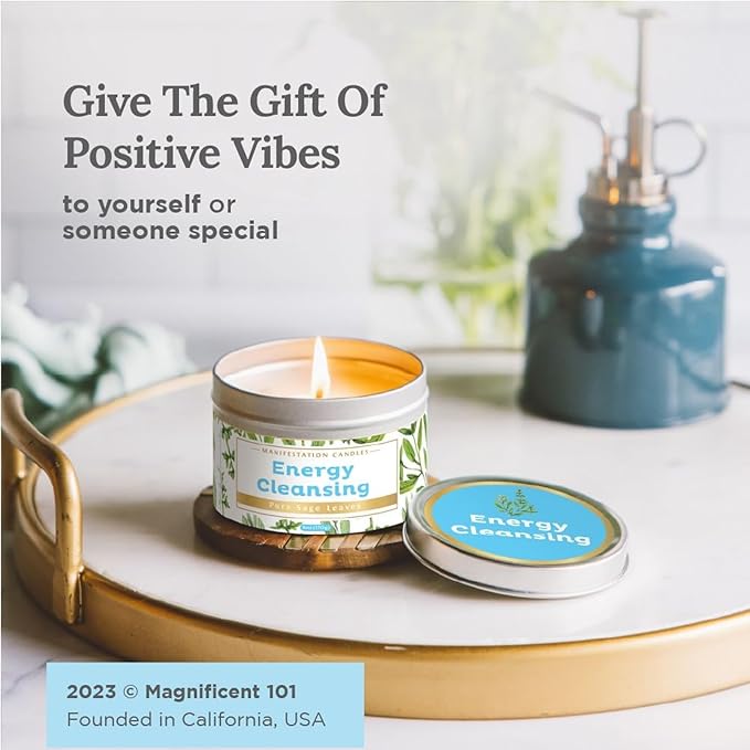 Magnificent 101 Long Lasting Pure Sage Candle for Manifestation & House Energy Cleansing | 6 Oz - 35 Hour Burn | All Natural Soy Wax Candle with Pure Sage Leaves | an Ideal Spiritual Gift
