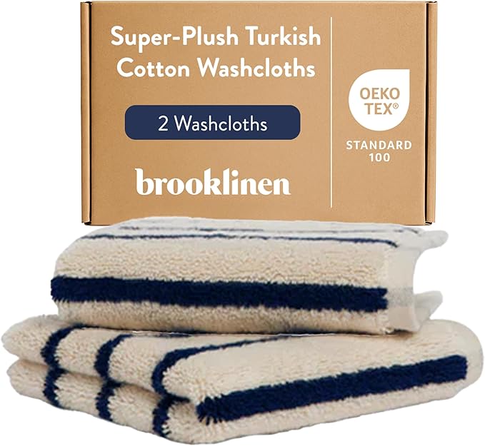Brooklinen Super-Plush Turkish Cotton Washcloths - Set of 2 - Cotton, 820 GSM, Highly Absorbent, Machine Washable, Perfect for Home & Bathroom (13" x 13", Striped Navy)
