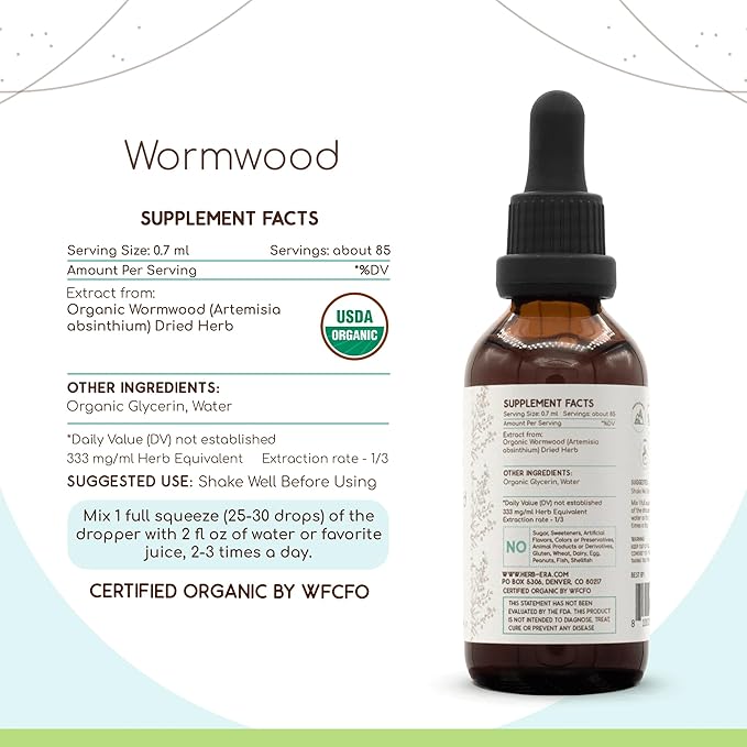 HerbEra Wormwood B60 USDA Organic Tincture | Alcohol-Free Extract, High-Potency Herbal Drops | Certified Organic Wormwood (Artemisia Absinthium) Dried Herb (2 oz)