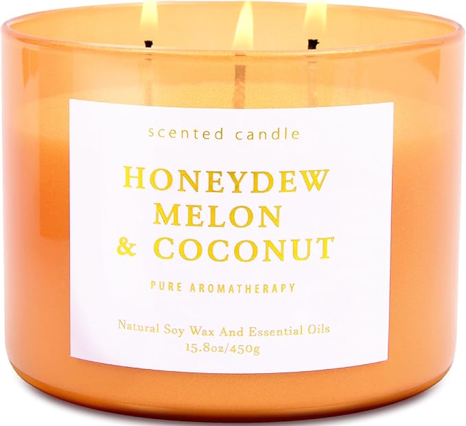 Honeydew Melon Coconut 3-Wick Soy Candle, 15.8 oz | Large Melon Coconut Fruity Scented Candle for Home | Highly Scented Aromatherapy Candle for Relaxation & Stress Relief | Gift for Women & Men
