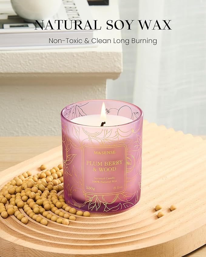 M&SENSE Plum Berrry Wood Soy Candles, Vegan Naturally Scented Non Toxic 8.1oz 42-Hour Burn Time, Winter Aromatherapy Candle for Stress Relief, Housewarming New Year Gifts