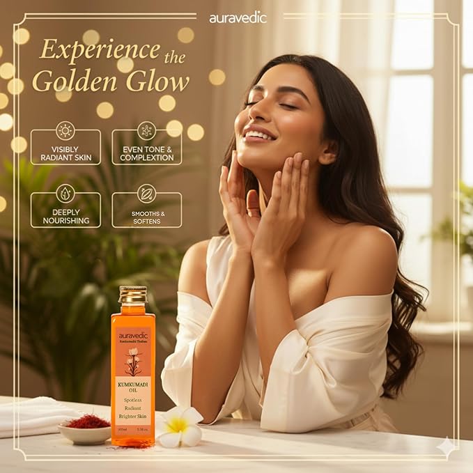 Auravedic Kumkumadi Oil Pure Saffron for Ultra Radiant Skin | Ayurvedic Oil for Dull, Dehydrated & Tired Skin | Lightweight Hydrating Formula for Smooth Texture | 3.38 Fl Oz (100ml)