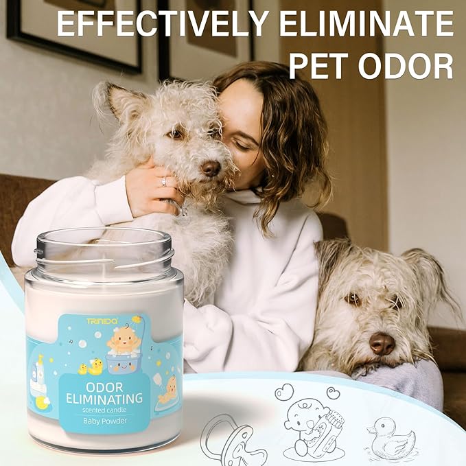 TRINIDa Baby Powder Odor Eliminating Candles for Home Scented, Eliminates 99% of Pet, Smoke, Food and Other Smells Quickly, Highly Fragranced Candle, Premium Soy Candles Set for Women