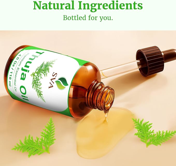 SVA Thuja Essential Oil – 4 Fl Oz – 100% Natural Thuja Oil - for Diffuser, Hair Care, Face, Skin Care, Aromatherapy, Scalp and Body Massage, Soap and Candle Making – with Dropper