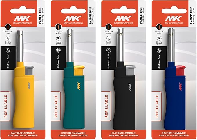 MK Candle Lighter, Butane Refillable Wind-Resistant Flame, Lighters, 4-Pack for BBQ, Camping, Indoor/Outdoor Use Random Color (New Hue)