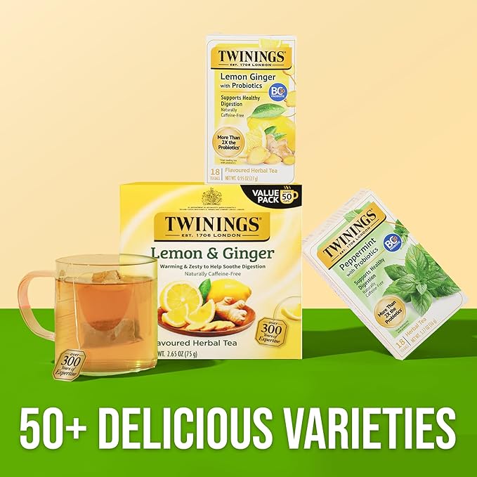 Twinings Superblends Probiotics+ Lemon & Ginger Flavoured Herbal Tea with Turmeric, Caffeine-Free, 18 Count (Pack of 1), Enjoy Hot or Iced, 18 Teabags