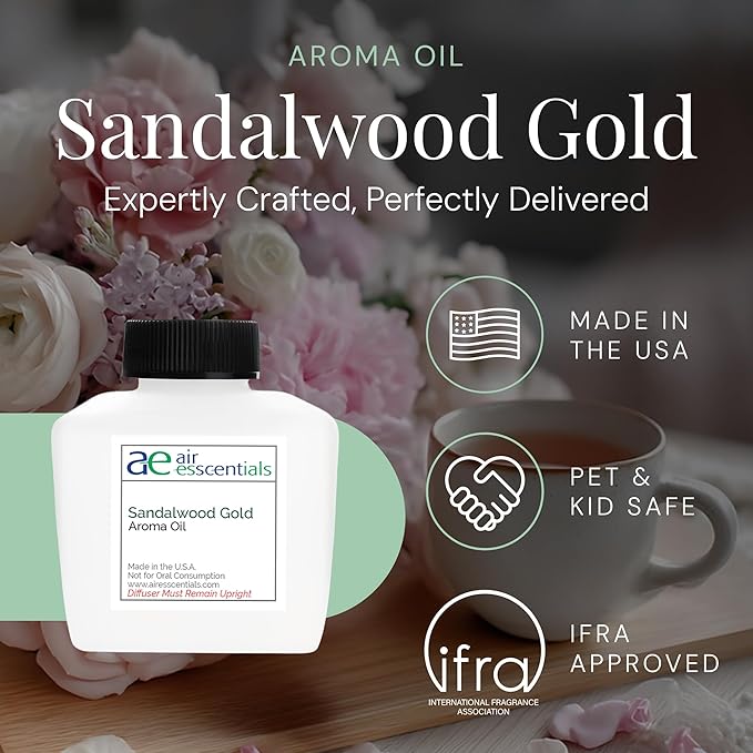 Sandalwood Gold Aroma Oil, Essential Oils Blend for Diffusers & Scent Machines, Sweet Afternoon Tea, Vanilla & Rose, Aromatherapy, Cold Air Diffuser Compatible, 100 mL