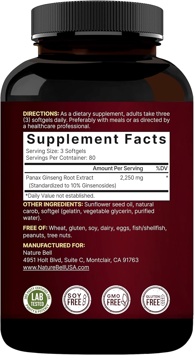 NatureBell Panax Korean Red Ginseng - 240 Softgels - 2,250mg High Strength Herbal Vitality Support* - Standardized 10% Ginsenosides from Six-Year-Old Ginseng Root - Energy & Immune Support*