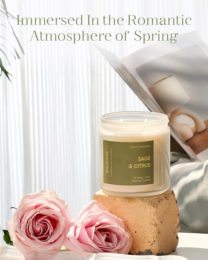 M&SENSE Sage Citrus Scented Candle - 11.6oz Natural Soy Non Toxic 70 Hour Burn Time 2 Wick Aromatherapy Candle for Home Decor, Summer Fragrance for Stress Relief & Relaxation