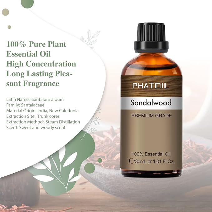 Sandalwood Essential Oil, 1.01Fl.Oz (30ML) PHATOIL Pure Essential Oil Singles for Aromatherapy Diffusers, Humidifiers, Great for DIY Candle and Soap Making, Gift for Friend