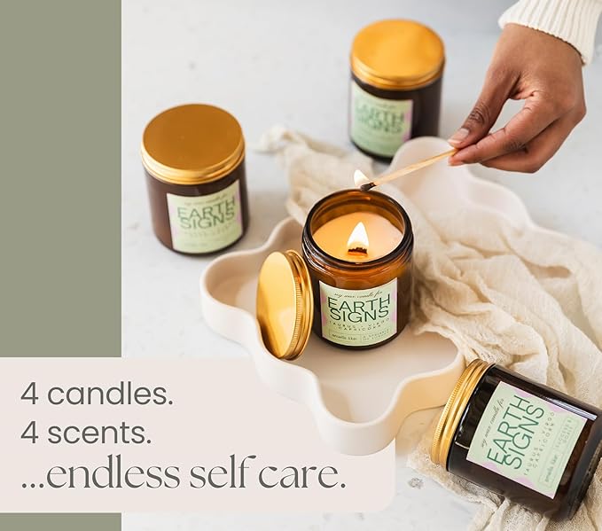 Taurus, Virgo, Capricorn Gifts for Women - Wood Wick Candles, 4 Pack Small Scented Candles Set for Women. 6oz Natural Soy Wax, Aromatherapy Set for Home. Zodiac Astrology Birthday Spiritual Gifts