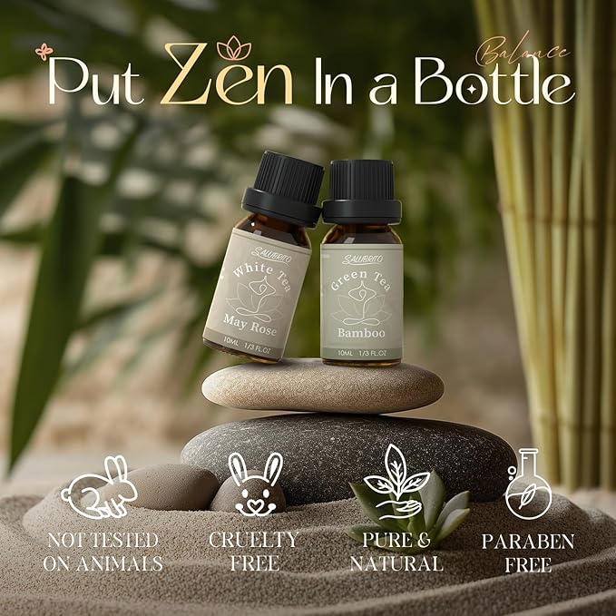 SALUBRITO Zen Fragrance Oil Set, Tea Essential Oil for Diffuser, Candle, Soap Making, White Tea, Black Tea, Green Tea Blended with Rose, Bamboo, Lavender, Sandalwood, Frankincense, Citrus Scented Oil