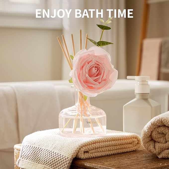 Reed Diffusers Set Rose Scent, Reed Diffuser for 120 Days, Diffusers for Home Pink Bottle,Bathroom Diffuser with 7 Sticks, Home Decor, Shelf Decor