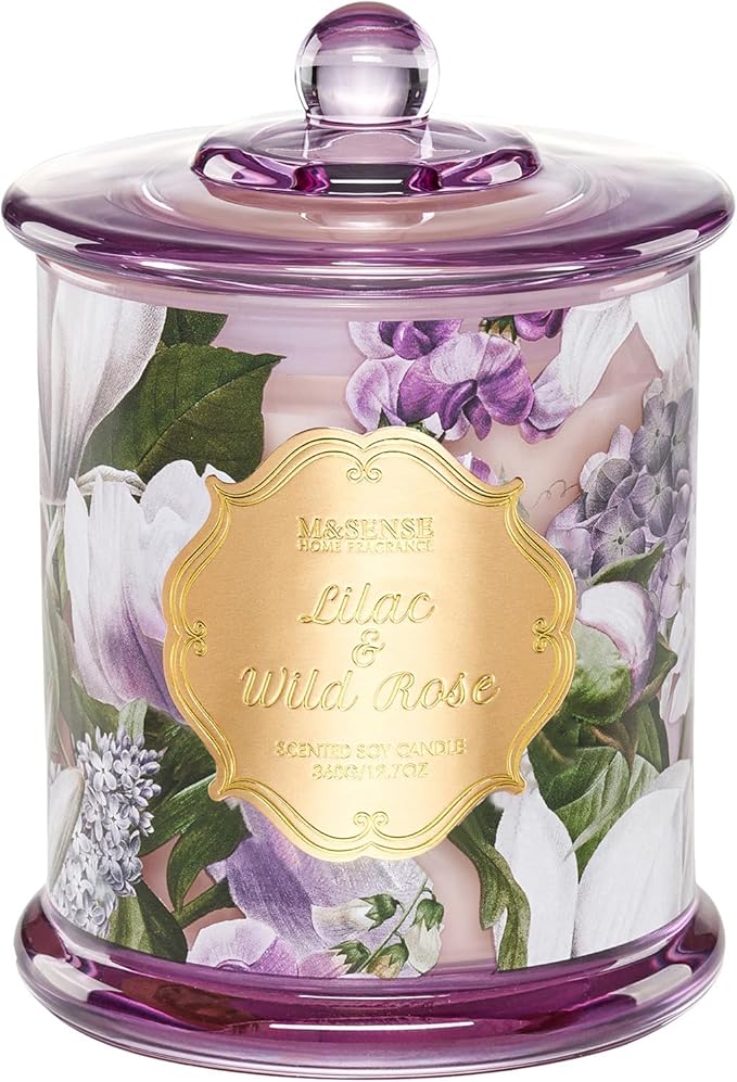 M&SENSE Lilac Rose Scented Candles, Natural Plant-Based Soy Candles Non Toxic, Relaxing Aromatherapy Candles for Bath Spa, 2 Wick 12.7oz Large Jar Candle 75 Hour Long Lasting Burn