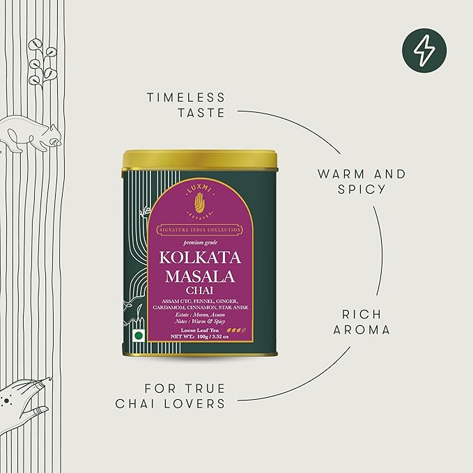 Luxmi Estates Kolkata Masala Chai | 100 gm | Signature India Collection | Assam CTC Tea | Black tea collection | Organic Strong tea | Antioxidants | Assam Valley tea | Fennel, Ginger Tea, Cardamom, Cinnamon, Star Anise
