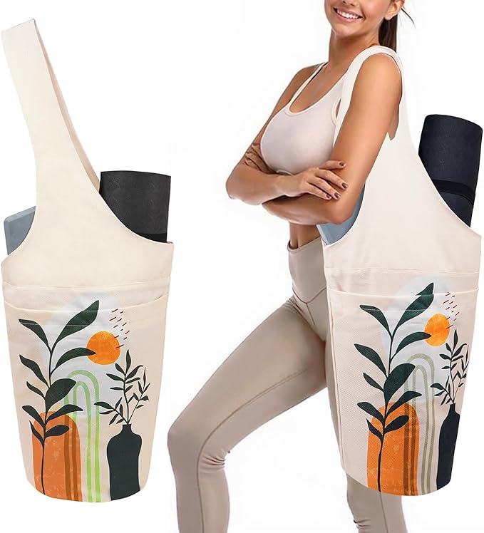 saniwu Yoga Mat Bag Carrier for Women with Side Large Pocket Durable Linen Workout Gym Travel Storage Pilates Mats