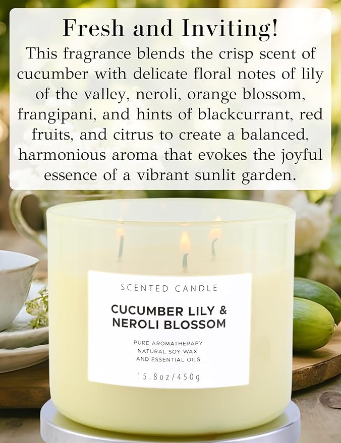 Cucumber Lily & Neroli Orange Blossom 3-Wick Soy Scented Candle, 15.8 oz | Spa Fresh Aromatherapy Candle | Large Scented Candle for Home, Long Lasting & Clean Burning